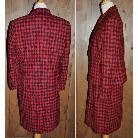 Vintage Liz Claiborne Petite Red & Navy Blue Plaid Wool Skirt & Jacket Ensemble - Picture 4 of 5